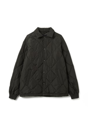 Black quilted jacket featuring a collar, snap-button closure, two front pockets, and ribbed cuffs. Smooth texture and diamond pattern design.