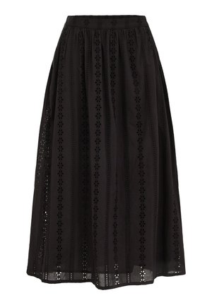 Juoda midi sijonas su vertikaliu gėlių siuvinėjimu akelėmis, su rauktu liemeniu ir šiek tiek platėjančia siluete.