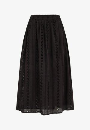 Must must midi seelik vertikaalse lillelise pilutisega, kogutud vöökohaga ja kergelt lehviva siluetiga.