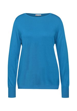 Long-sleeve, crew neck top in bright blue. Made of smooth fabric with ribbed cuffs. Simple design, no patterns or embellishments.
