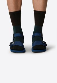 Niebieskie sandały z regulowanymi paskami, w połączeniu z ciemnobrązowymi i zielonymi skarpetkami w prążki. Sandały mają teksturowaną czarną wkładkę i niebieską podeszwę.