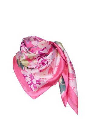 Lyserød blomster silketørklæde med akvarel-stil store blomstermønstre i nuancer af pink, creme og grøn, pænt foldet mod en hvid baggrund.