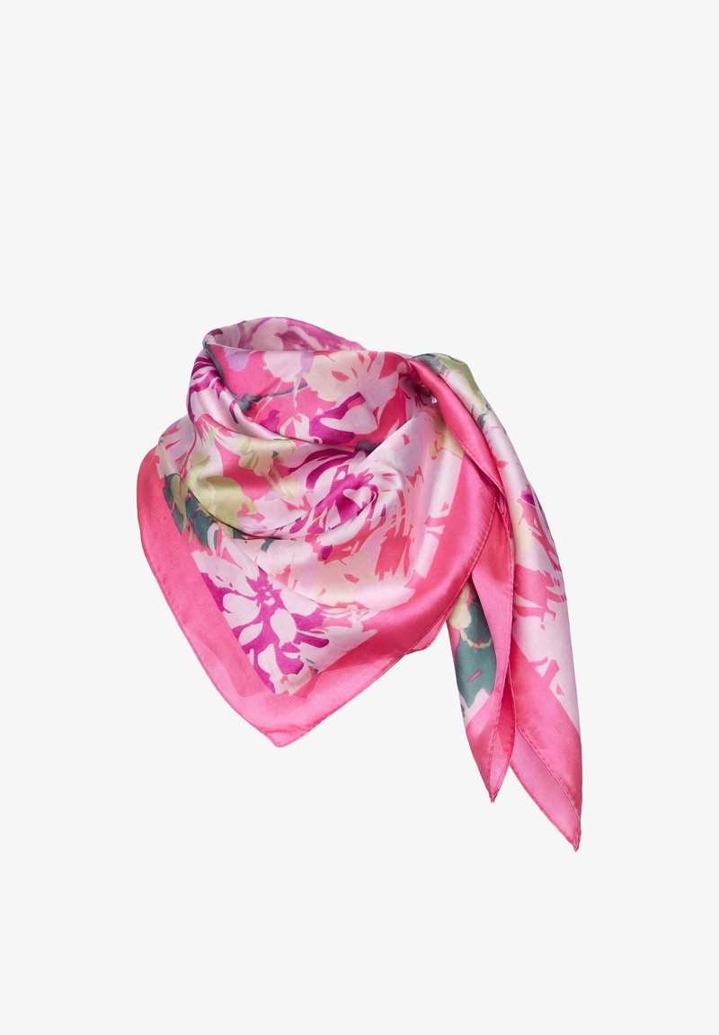 Foulard en soie rose à motifs floraux de style aquarelle avec de grands motifs floraux dans des nuances de rose, crème et vert, plié soigneusement sur un fond blanc.