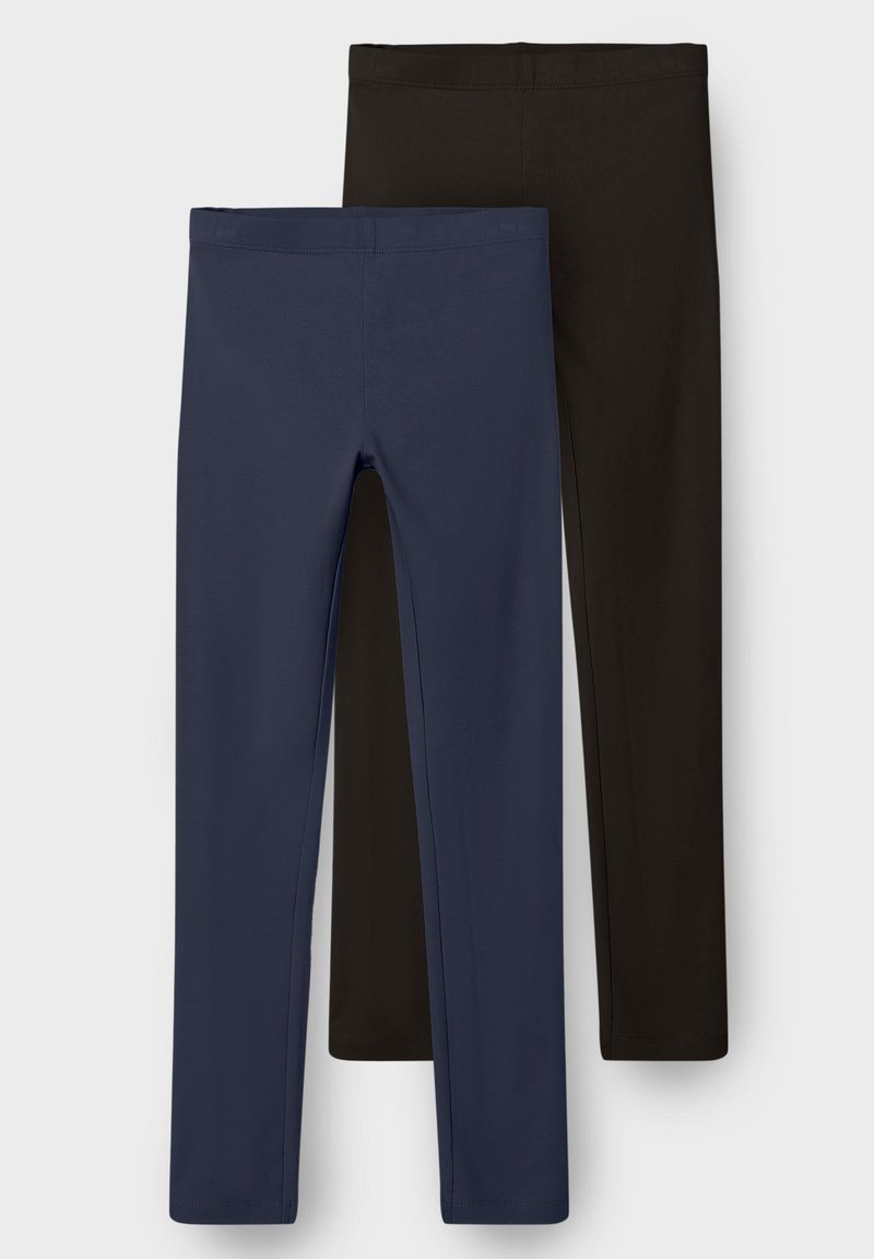 To par med leggings: en i marineblå og en i svart. Laget av et glatt, elastisk stoff med en elastisk midje. Ingen synlige mønstre eller metallkomponenter.