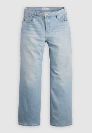 Lyseblå vide jeans lavet af denim. Har høj talje, fem lommer og kontrastsyede detaljer. Glat tekstur med en slidseffekt.