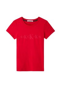 Camiseta roja de manga corta en tejido de algodón con un escote redondo y un patrón de logo en relieve en el pecho.