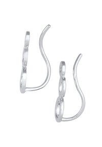 Pendientes de aro de plata con un diseño ondulado, que presentan tres aberturas circulares interconectadas. Superficie lisa y pulida sin adornos.
