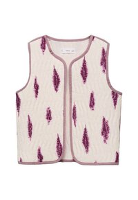 Gequiltede gilet met een crème basis, versierd met paarse bladeren patronen, afgewerkt met een contrasterende lichtlavendelkleurige bies en een open voorkant ontwerp.