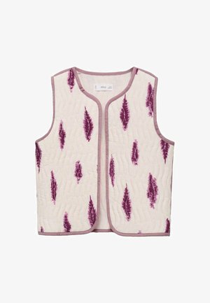 Gilet trapuntato con una base crema, decorato con motivi di foglie viola, rifinito con un bordo contrastante di lavanda chiara e design aperto davanti.