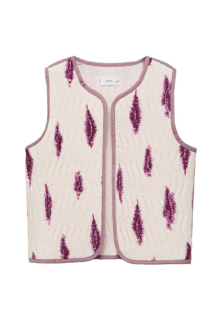 Gequiltede gilet met een crème basis, versierd met paarse bladeren patronen, afgewerkt met een contrasterende lichtlavendelkleurige bies en een open voorkant ontwerp.