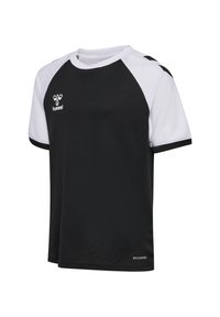 Sort og hvid sportsskjorte med korte ærmer og raglan-design, lavet af fugtafvisende stof, med Hummel-logo og sidelister.