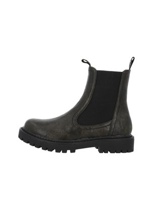 Black Chelsea boot with chunky treaded sole, side elastic panel, pull tabs on front and back, shown in profile on a white background.