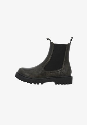 Black Chelsea boot with chunky treaded sole, side elastic panel, pull tabs on front and back, shown in profile on a white background.