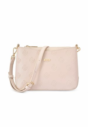 Beżowa skórzana torebka na ramię z tłoczonymi geometrycznymi wzorami, złotymi elementami, regulowanym paskiem oraz zamknięciem na górny suwak.