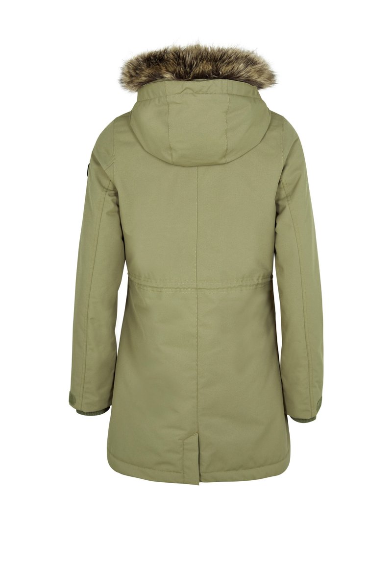 Olijfgroen parka jack met een nepbont gevoerde kap, lange mouwen en verstelbare manchetten. Glad materiaal met een lengte tot halverwege de dij en gestikte details.