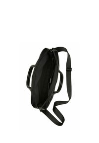 Zwarte leren tas met een rits bovenaan, twee handvatten en een verstelbare schouderriem. Het interieur heeft een zachte textuur en een vak voor organisatie.
