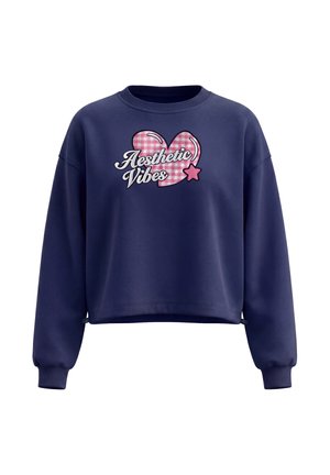 Marineblå sweatshirt med lange ærmer, ribstrikkede manchetter og "Aesthetic Vibes" tekst over et lyserødt ternet hjerte og en stjerne på brystet.