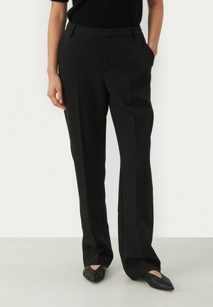 Black tailored trousers with a straight leg, made from a smooth fabric. Features side pockets and a zipper fly for closure.