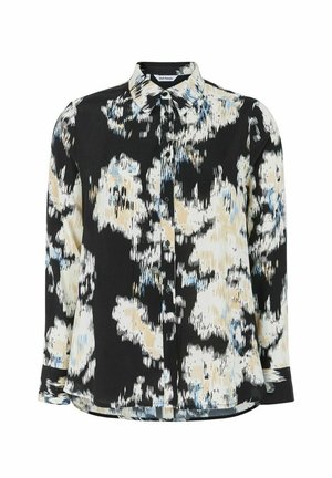 Bluză cu mânecă lungă de culoare neagră, cu un model floral în nuanțe de crem, bej și albastru. Are un guler și un sistem de închidere cu nasturi. Textura materialului este netedă.