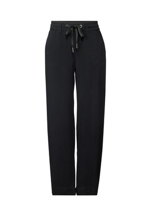 Pantalones anchos, de pierna amplia y color negro, con una cintura elástica ajustable, que presentan una tela suave y un diseño sencillo, sin adornos.
