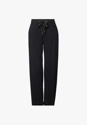 Pantalones anchos, de pierna amplia y color negro, con una cintura elástica ajustable, que presentan una tela suave y un diseño sencillo, sin adornos.