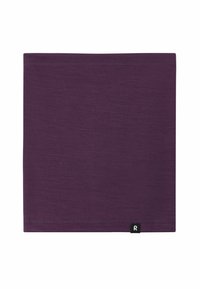 Gaiter da collo in tessuto viola con superficie liscia, forma rettangolare e un piccolo logo nell'angolo in basso a destra.