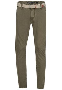 Oliivinvihreät housut, joissa on teksturoitu pinta, varustettu kerma- ja ruskeakuvioisella kudotulla vyöllä, kontrastivärisillä polvipaikoilla ja hillityillä ompelu-yksityiskohdilla.