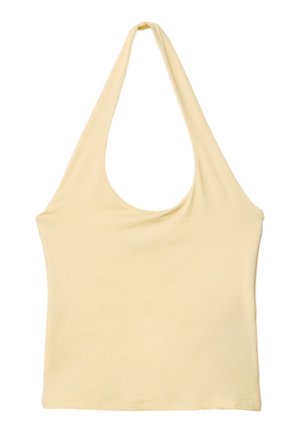 Jasnobeżowy bezrękawnik z głębokim okrągłym dekoltem na tle białym.