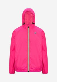 Giacca a vento con cappuccio di colore rosa acceso, con cerniera frontale rifinita multicolore e piccolo logo sul petto, polsini elasticizzati e coulisse regolabili per il cappuccio.
