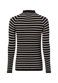 Black and white striped ribbed sweater with long sleeves, high neck, and a fitted silhouette. Features horizontal stripes and a textured finish.