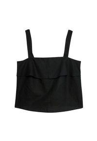 Top en lin noir avec bretelles larges, présentant un détail à volants superposé au niveau de la poitrine, texture lisse et coupe courte.