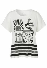 Witte katoenen t-shirt met een zwart grafisch ontwerp van een zon, palmbomen en bladeren, met glitters en horizontale zwarte strepen aan de onderkant.