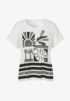 Witte katoenen t-shirt met een zwart grafisch ontwerp van een zon, palmbomen en bladeren, met glitters en horizontale zwarte strepen aan de onderkant.