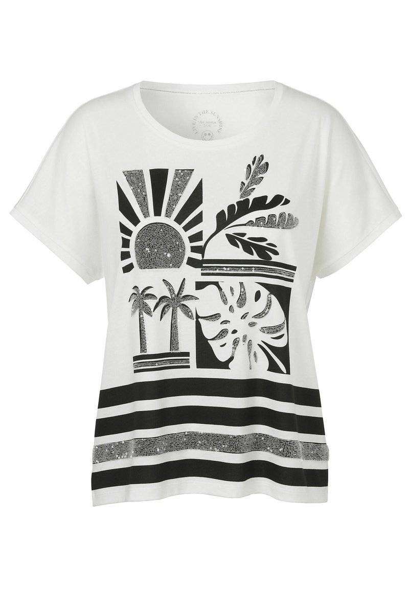 Witte katoenen t-shirt met een zwart grafisch ontwerp van een zon, palmbomen en bladeren, met glitters en horizontale zwarte strepen aan de onderkant.