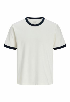 T-shirt blanc à manches courtes avec col rond noir et bord-côtes aux manches noirs, design uni, présenté à plat sur fond blanc.