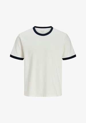T-shirt blanc à manches courtes avec col rond noir et bord-côtes aux manches noirs, design uni, présenté à plat sur fond blanc.