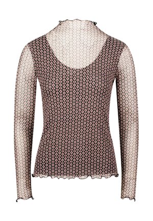 Sheer long-sleeve top with a high neck, featuring a repeated diamond pattern in pink and white on a dark base. Scalloped hem and cuff edges.