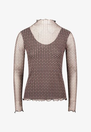 Sheer long-sleeve top with a high neck, featuring a repeated diamond pattern in pink and white on a dark base. Scalloped hem and cuff edges.