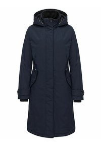 Marineblauer langer Mantel mit Kapuze, doppelten Fronttaschen und geknöpften Manschetten. Strukturierter Stoff mit glattem Futter, der Wärme und Schutz bietet.