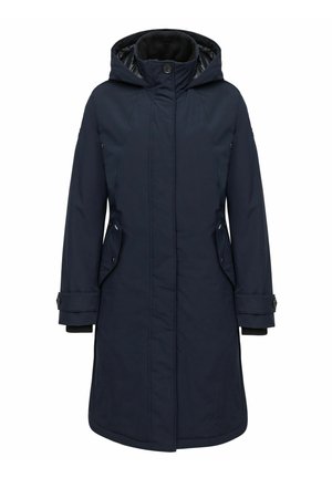 Navy blue long coat with a hood, dual front pockets, and buttoned cuffs. Textured fabric with a smooth lining, offering warmth and coverage.