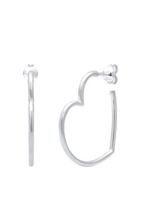 Silver hoop earrings with a heart-shaped design. Smooth texture, minimalist style, featuring a secure post and butterfly backing.