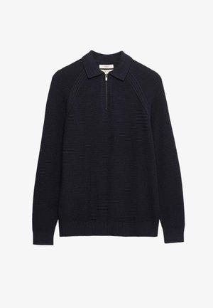 Granatowy sweter z długim rękawem w strukturze gofrowej dzianiny, z zamkiem przy kołnierzu oraz ściągaczami na mankietach i dole.