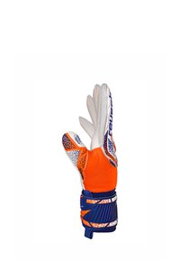 Guanti da portiere con palmo bianco, retro in mesh arancione e dettagli blu. Presentano una presa testurizzata e dettagli a motivo sulle dita.