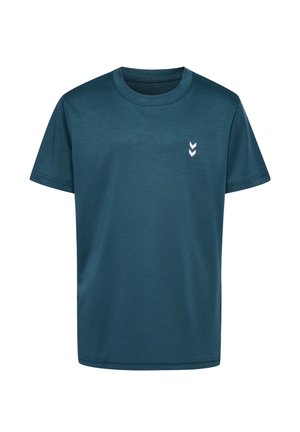 Kurzarm-T-Shirt aus dunkelblauem Stoff, mit Rundhalsausschnitt und einem kleinen weißen Chevron-Logo auf der linken Brust.