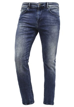 Jeans in denim blu con un design a gamba dritta, caratterizzati da un lavaggio sbiadito e una leggera sfumatura, con uno stile classico a cinque tasche e hardware in metallo.