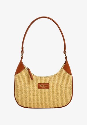 Majhna bež tkanina torbica z rjavim usnjenim robom in ročajem, z zadrgo ter zlatim napisom "Pepe Jeans" na sprednji strani.