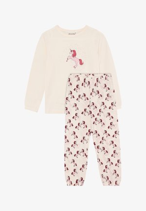 Crèmekleurige pyjama met lange mouwen, met een roze eenhoorn op het shirt en bijpassende broek bedekt met een patroon van herhaalde roze eenhoorns.