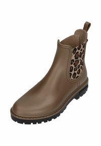 Bottine imperméable marron avec un panneau latéral élastique à imprimé léopard, semelle en caoutchouc texturé et languette pour un enfilage facile.