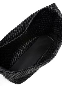 Black rectangular woven basket with a flat base and a slightly angled opening, shown from a top-down perspective.
