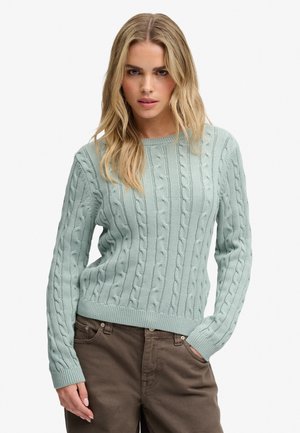 Kvinde med langt blondt hår iført en lysegrøn kabelstrikket sweater og brune bukser, står med den ene hånd i lommen mod en hvid baggrund.